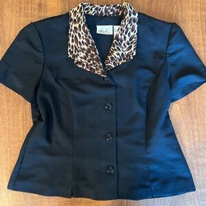 Black Blouse with Leopard Print Collar